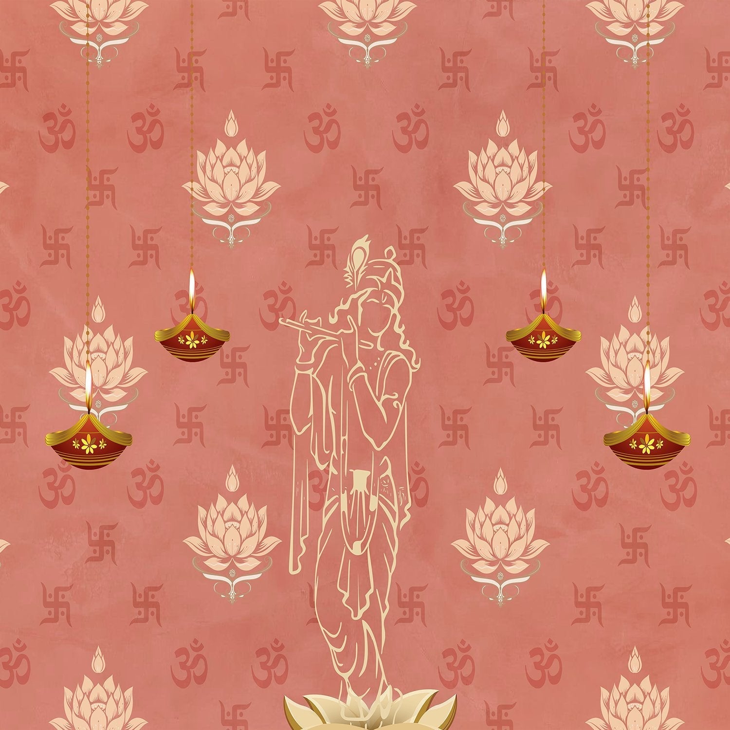 Green traditional wall art with lotus flowers, Om symbols and hanging diyas in gold - view 14 - final