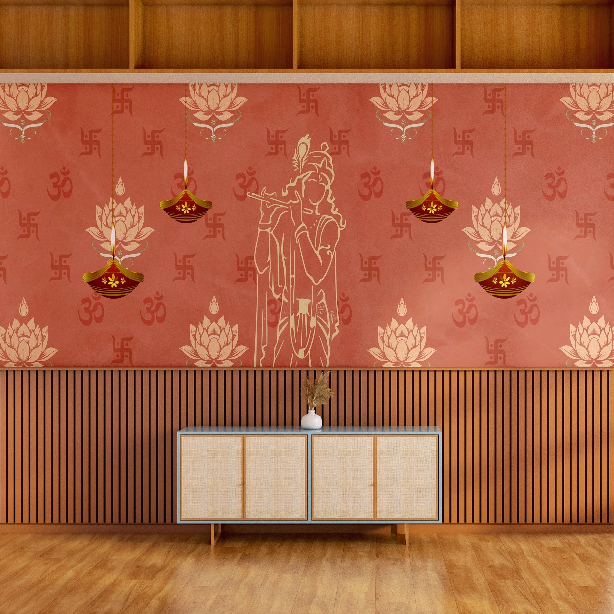 Green traditional wall art with lotus flowers, Om symbols and hanging diyas in gold - view 15 - final