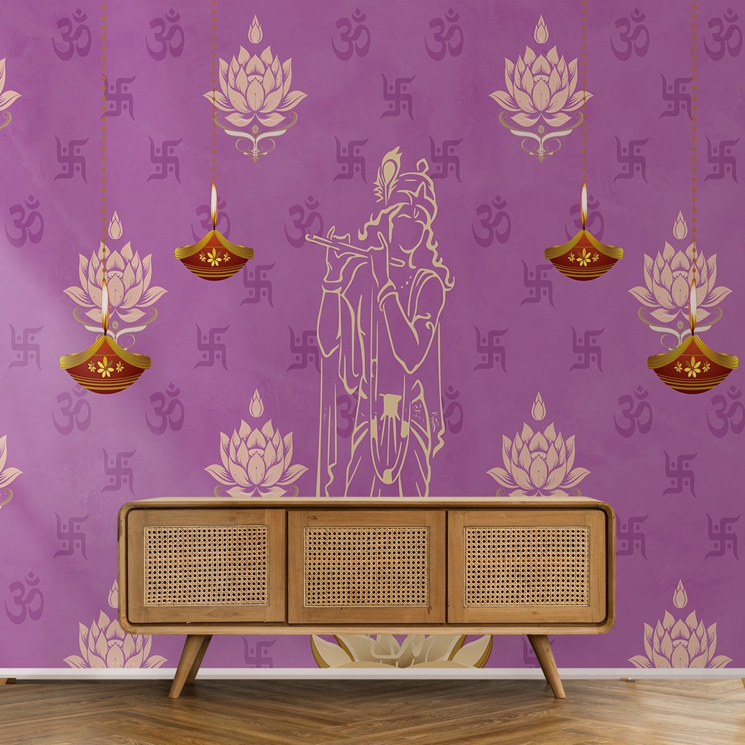 Green traditional wall art with lotus flowers, Om symbols and hanging diyas in gold - view 18 - final