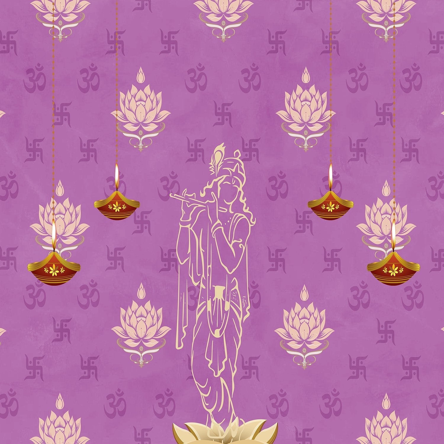 Green traditional wall art with lotus flowers, Om symbols and hanging diyas in gold - view 19 - final