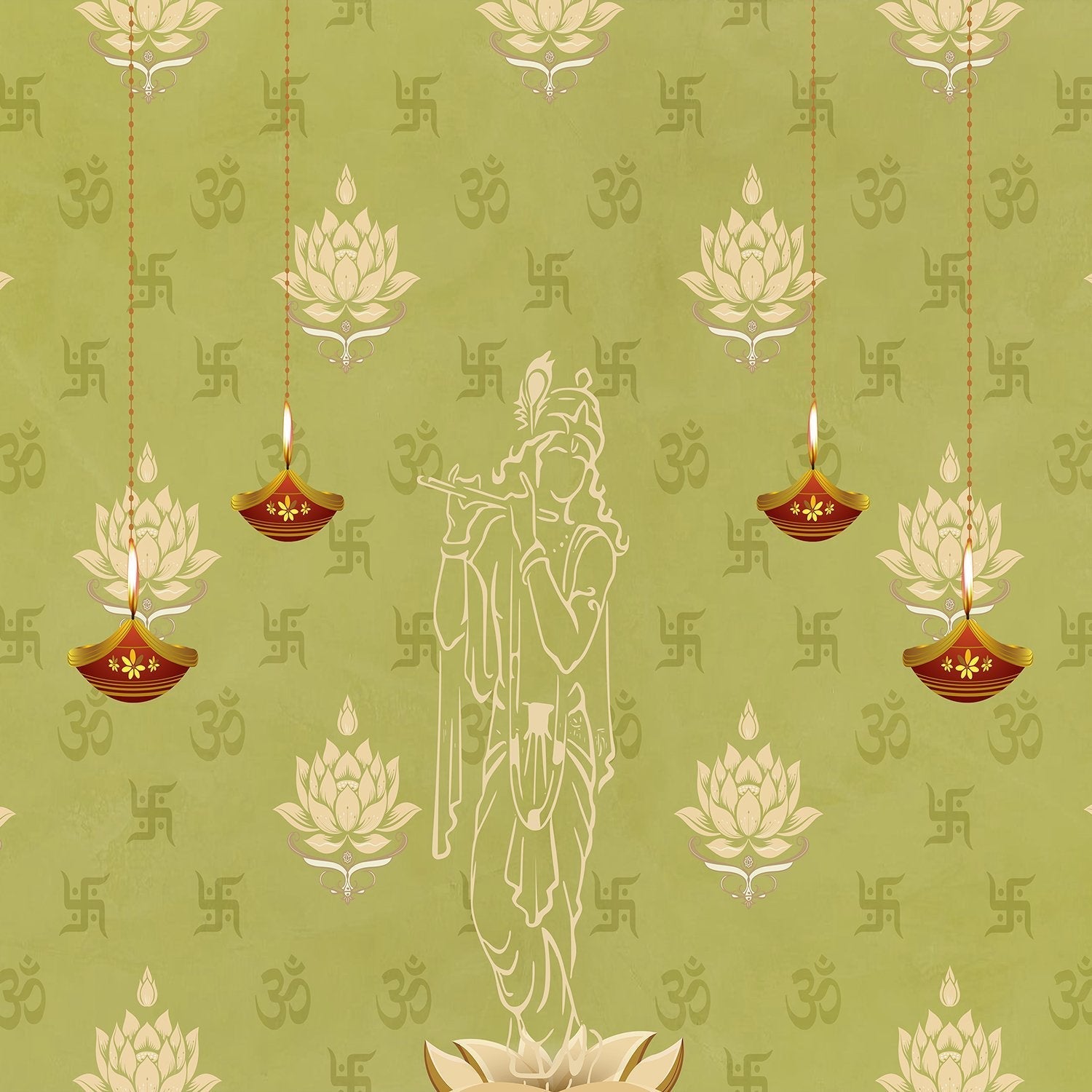 Green traditional wall art with lotus flowers, Om symbols and hanging diyas in gold - view 2 - final