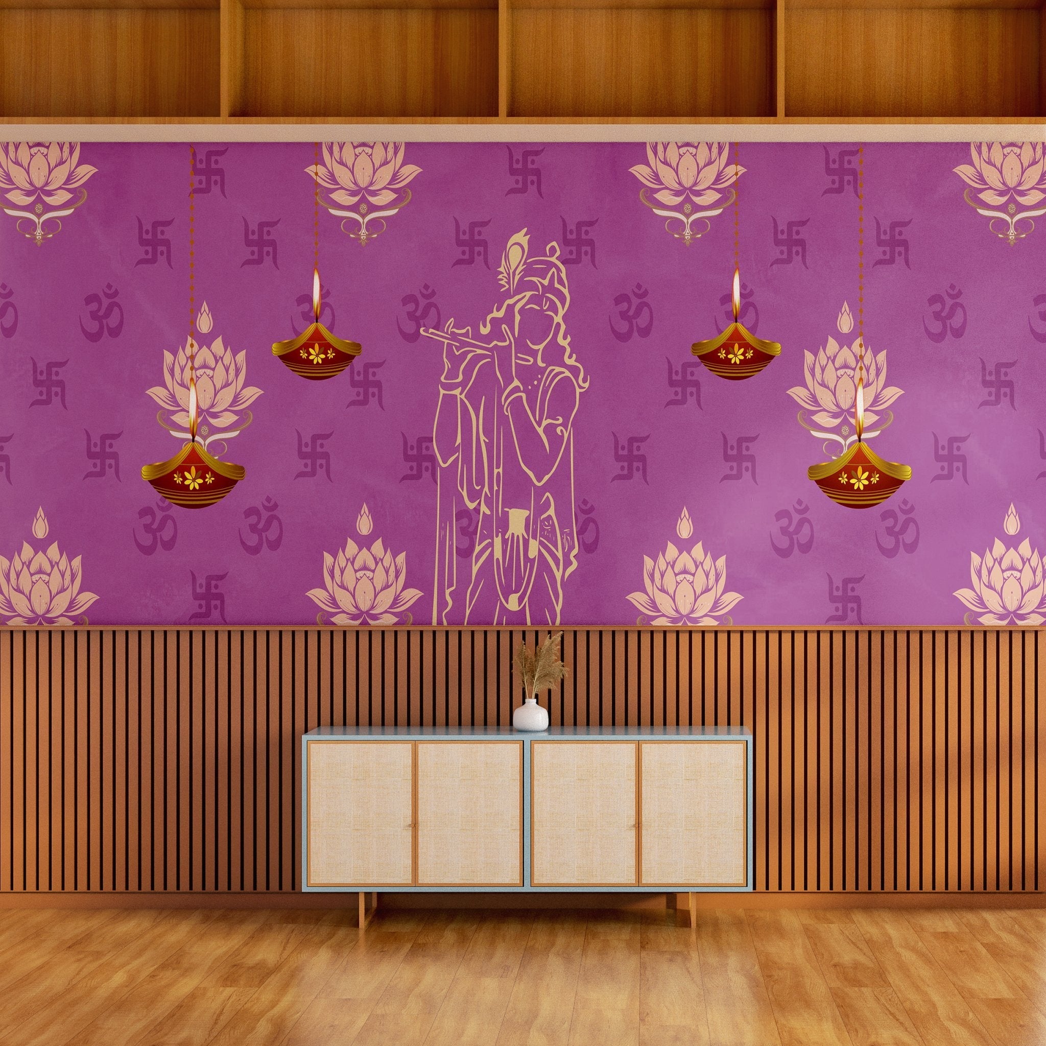 Green traditional wall art with lotus flowers, Om symbols and hanging diyas in gold - view 20 - final