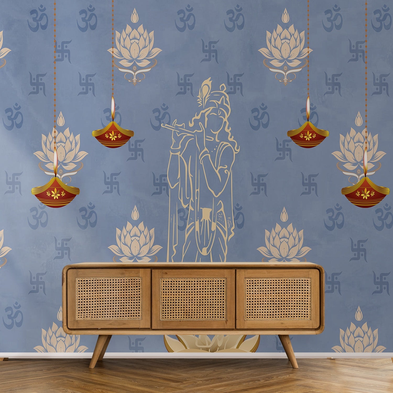 Green traditional wall art with lotus flowers, Om symbols and hanging diyas in gold - view 23 - final