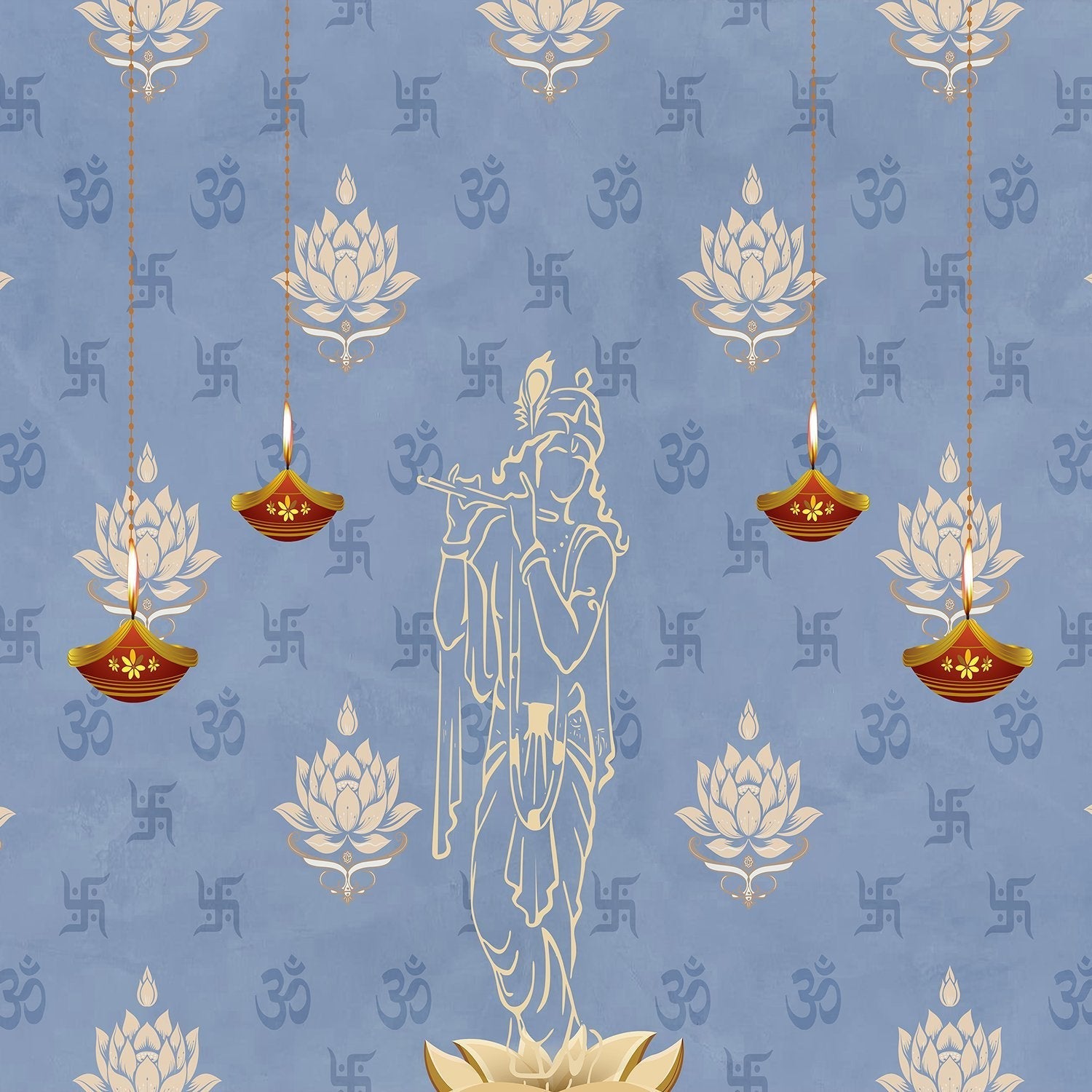 Green traditional wall art with lotus flowers, Om symbols and hanging diyas in gold - view 24 - final