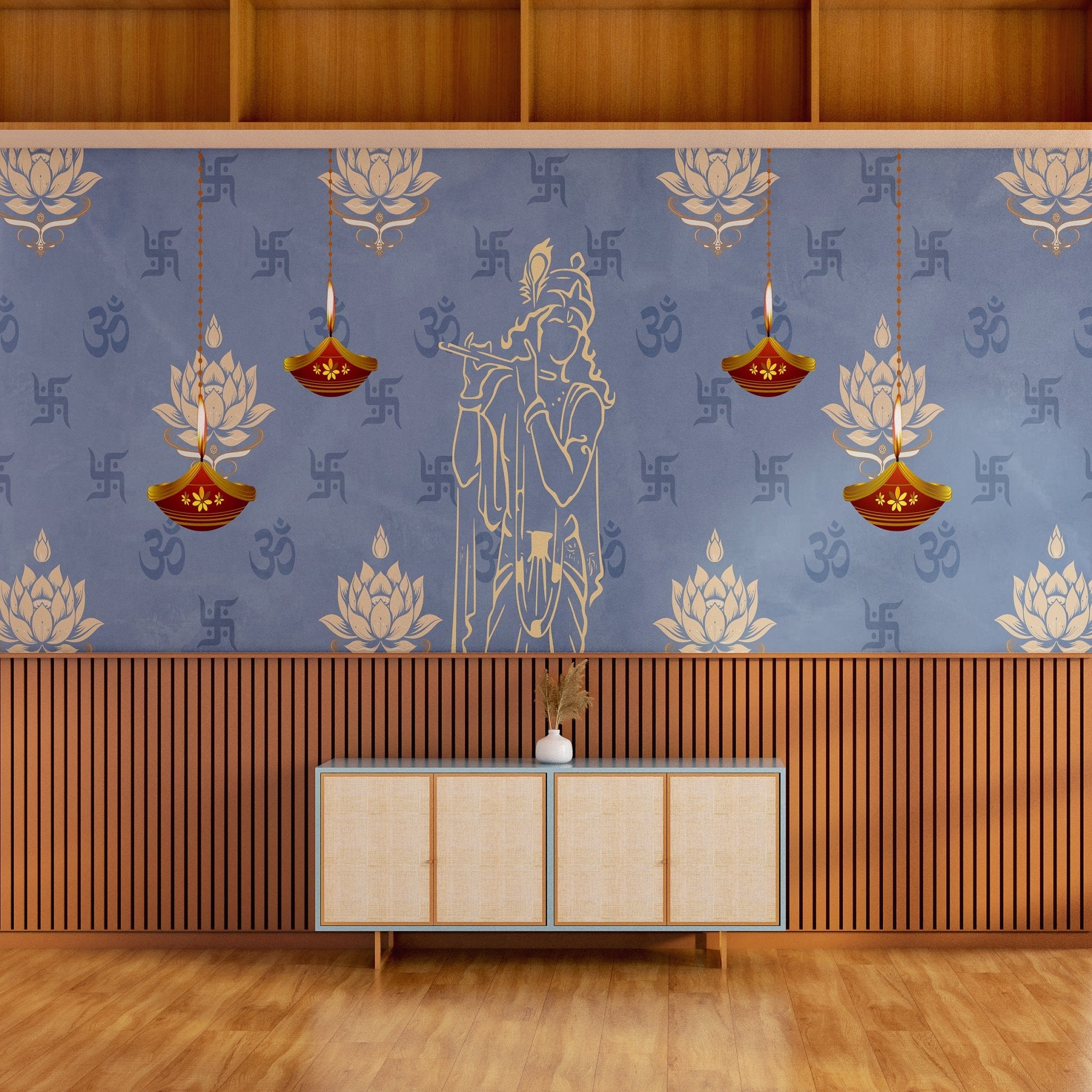 Green traditional wall art with lotus flowers, Om symbols and hanging diyas in gold - view 25 - final