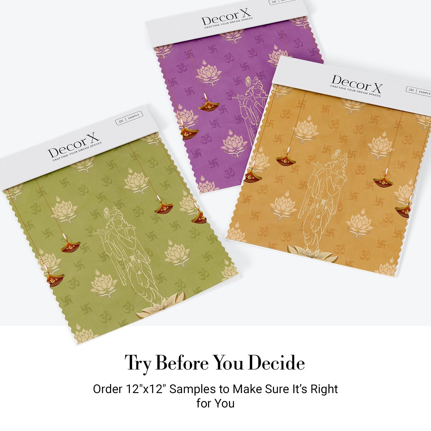 Green traditional wall art with lotus flowers, Om symbols and hanging diyas in gold - view 28 - final all-groups samples