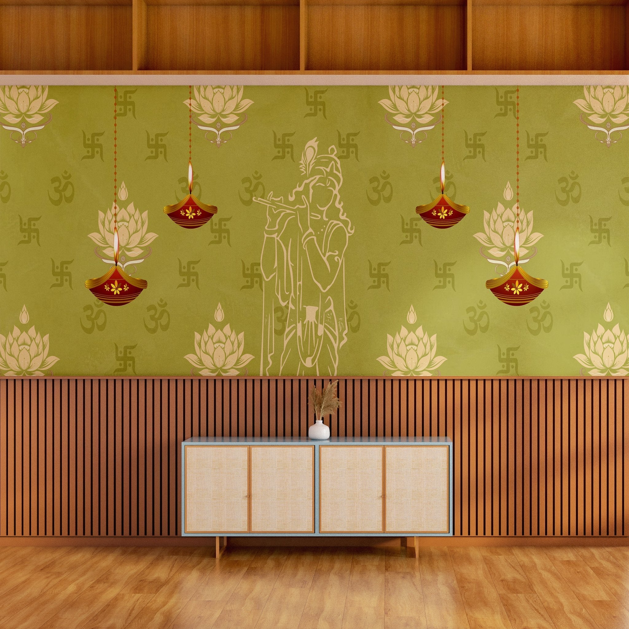 Green traditional wall art with lotus flowers, Om symbols and hanging diyas in gold - view 3 - final foyer