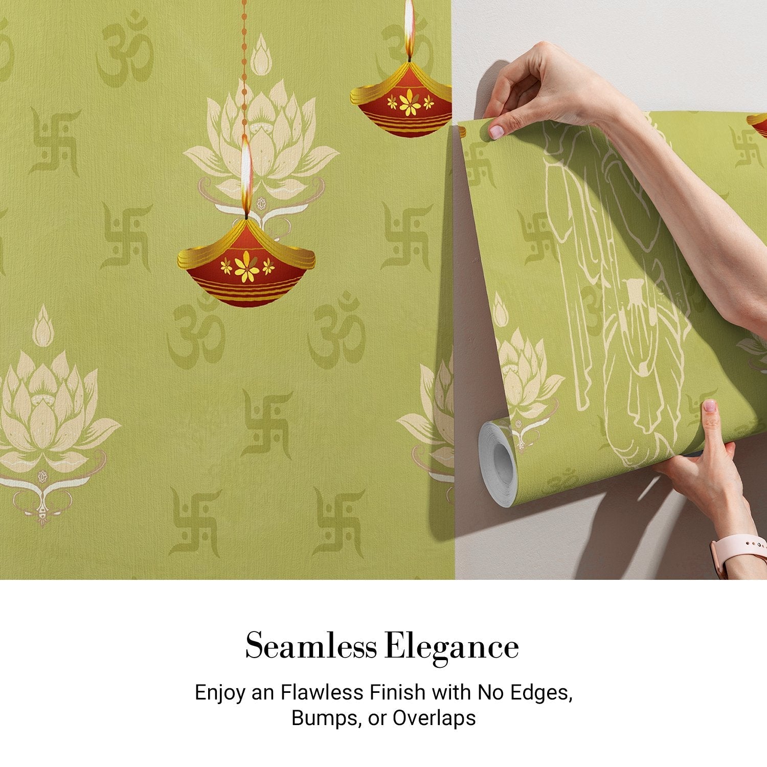 Green traditional wall art with lotus flowers, Om symbols and hanging diyas in gold - view 4 - final