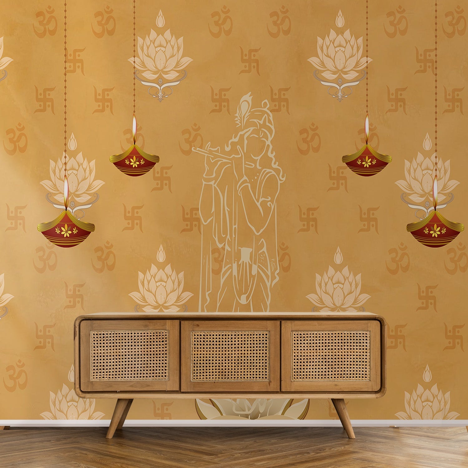 Green traditional wall art with lotus flowers, Om symbols and hanging diyas in gold - view 8 - final