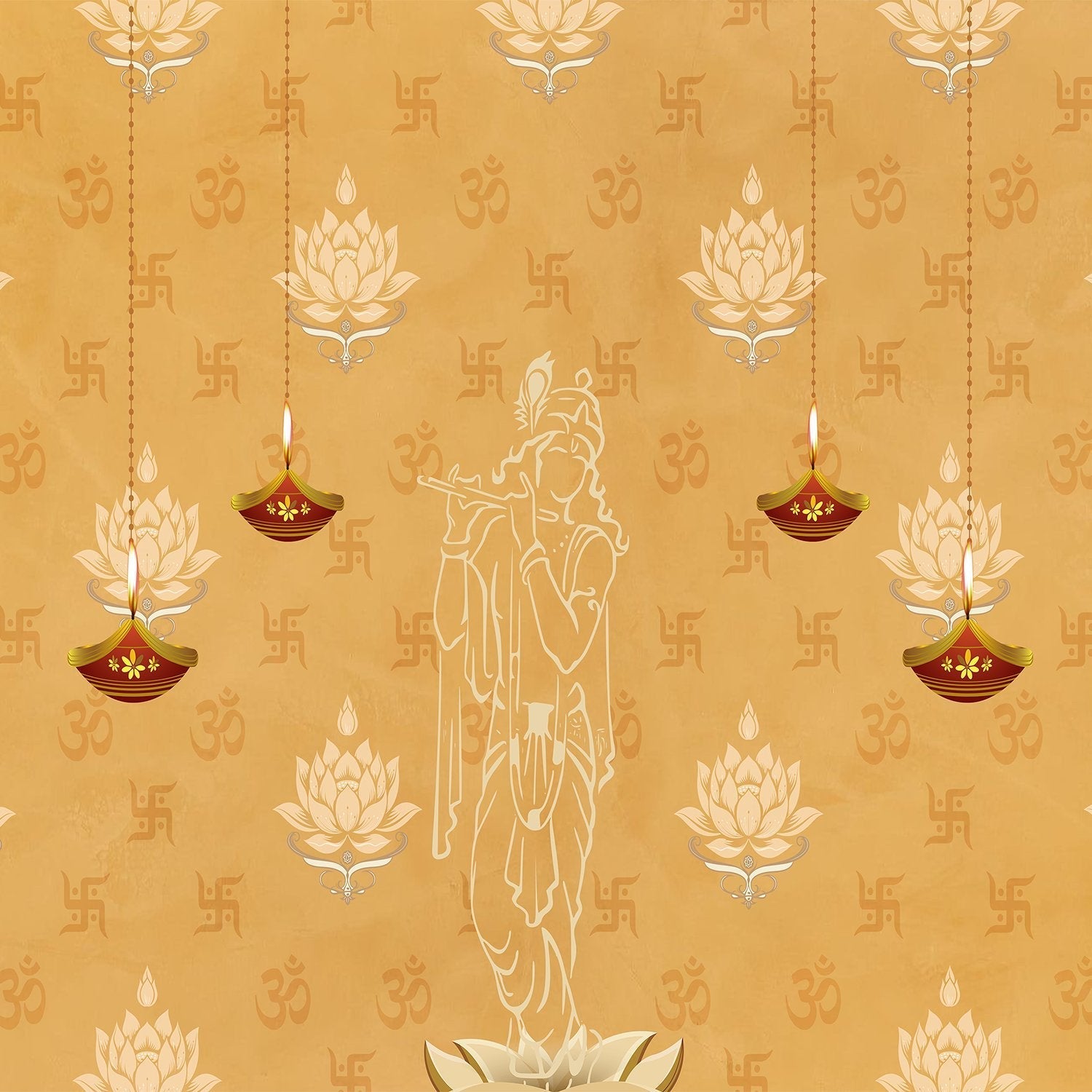 Green traditional wall art with lotus flowers, Om symbols and hanging diyas in gold - view 9 - final