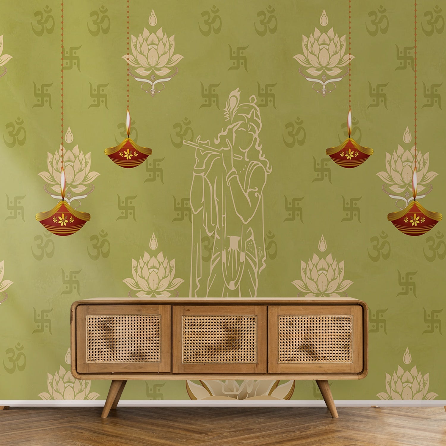 Green traditional wall art with lotus flowers, Om symbols and hanging diyas in gold - final pooja-room