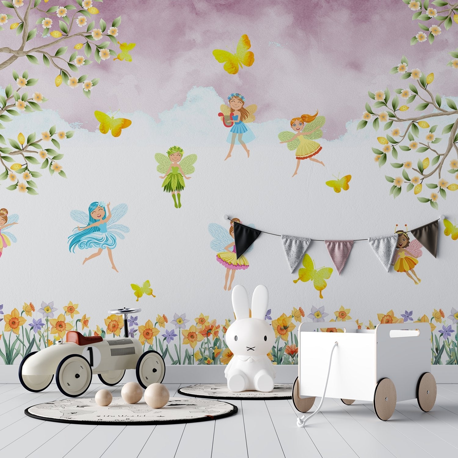 Whimsical fairy characters dancing among yellow butterflies and floral elements on light background - view 10 - final