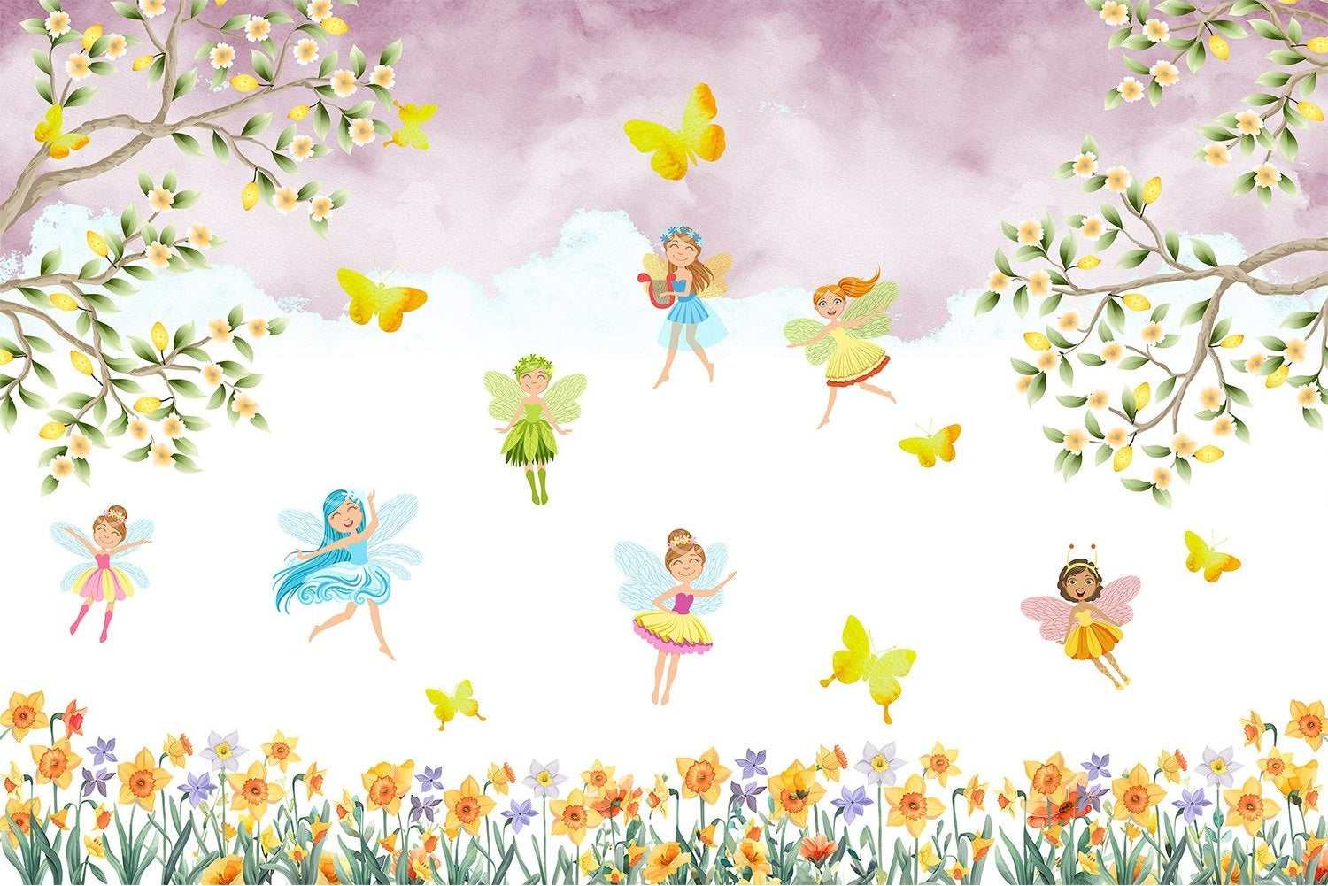 "Whimsical fairy garden scene in lea - kids wallpaper mural-inequal final"