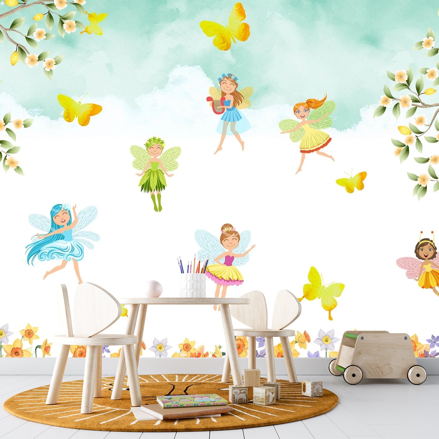 Whimsical fairy characters dancing among yellow butterflies and floral elements on light background - view 13 - final