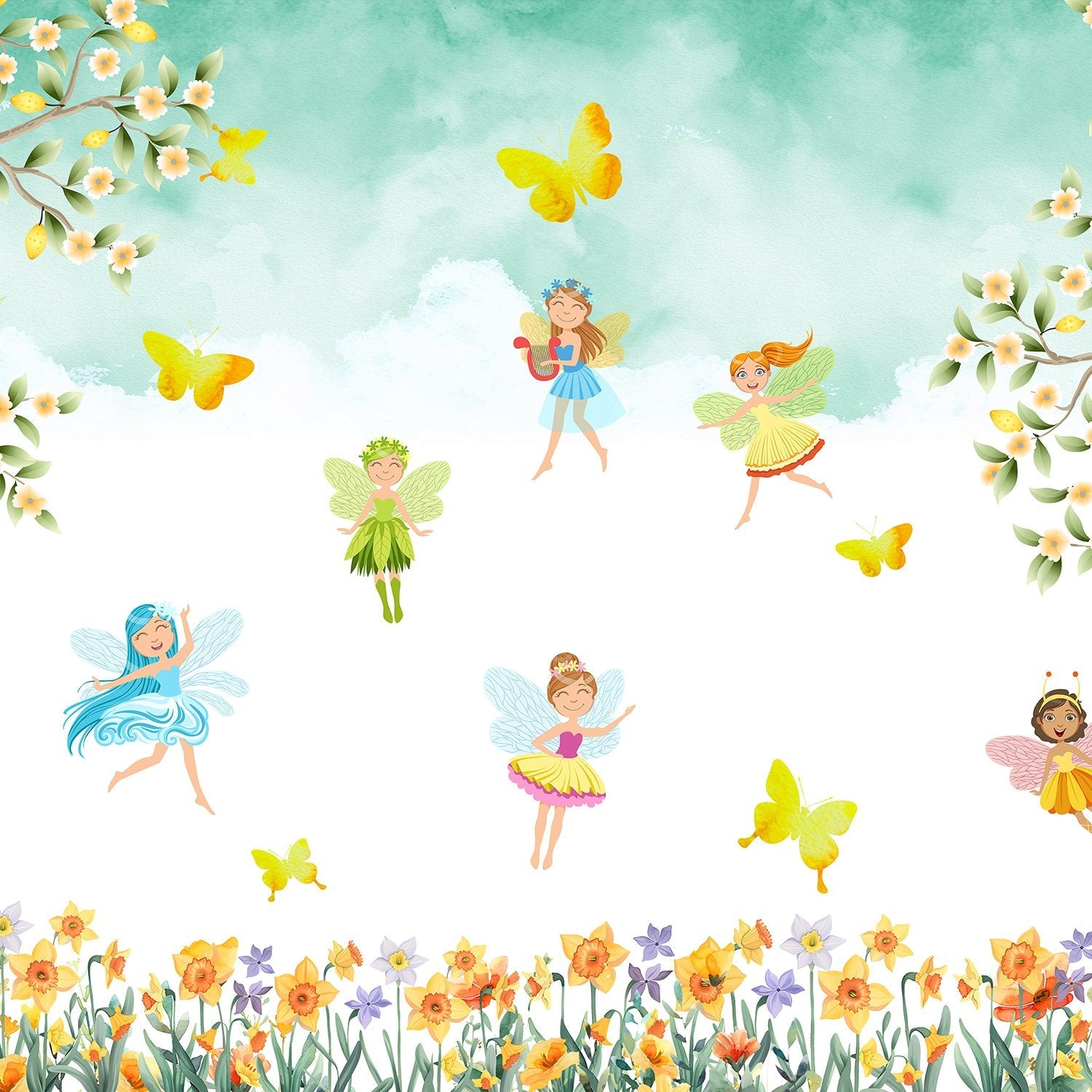 Whimsical fairy characters dancing among yellow butterflies and floral elements on light background - view 14 - final