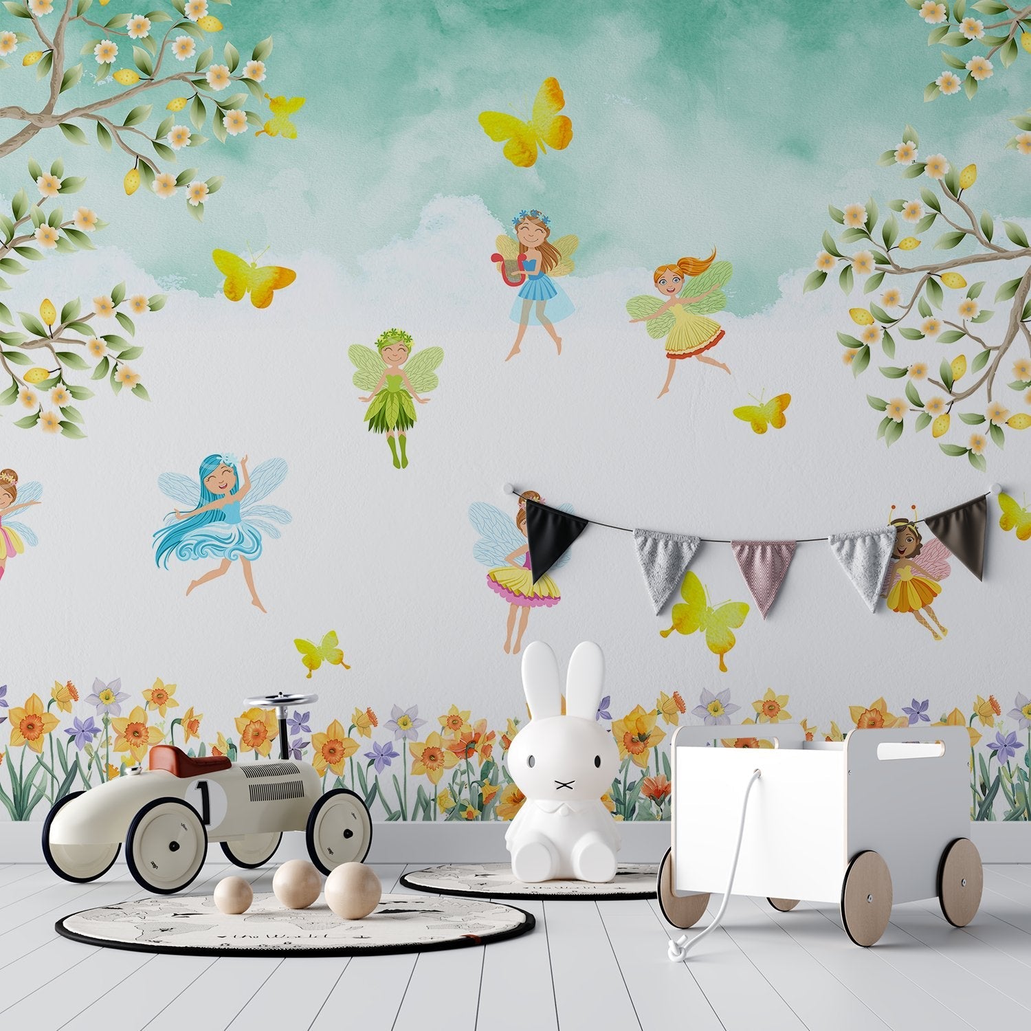 Whimsical fairy characters dancing among yellow butterflies and floral elements on light background - view 15 - final