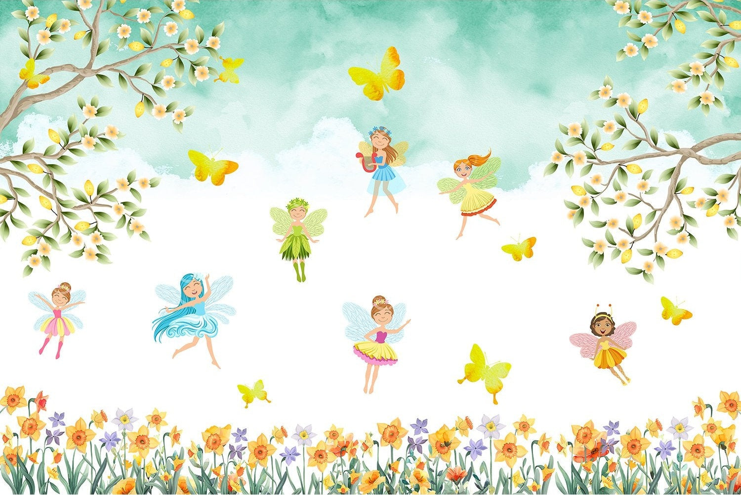 "Whimsical fairy garden scene in lea - kids wallpaper mural-inequal final"
