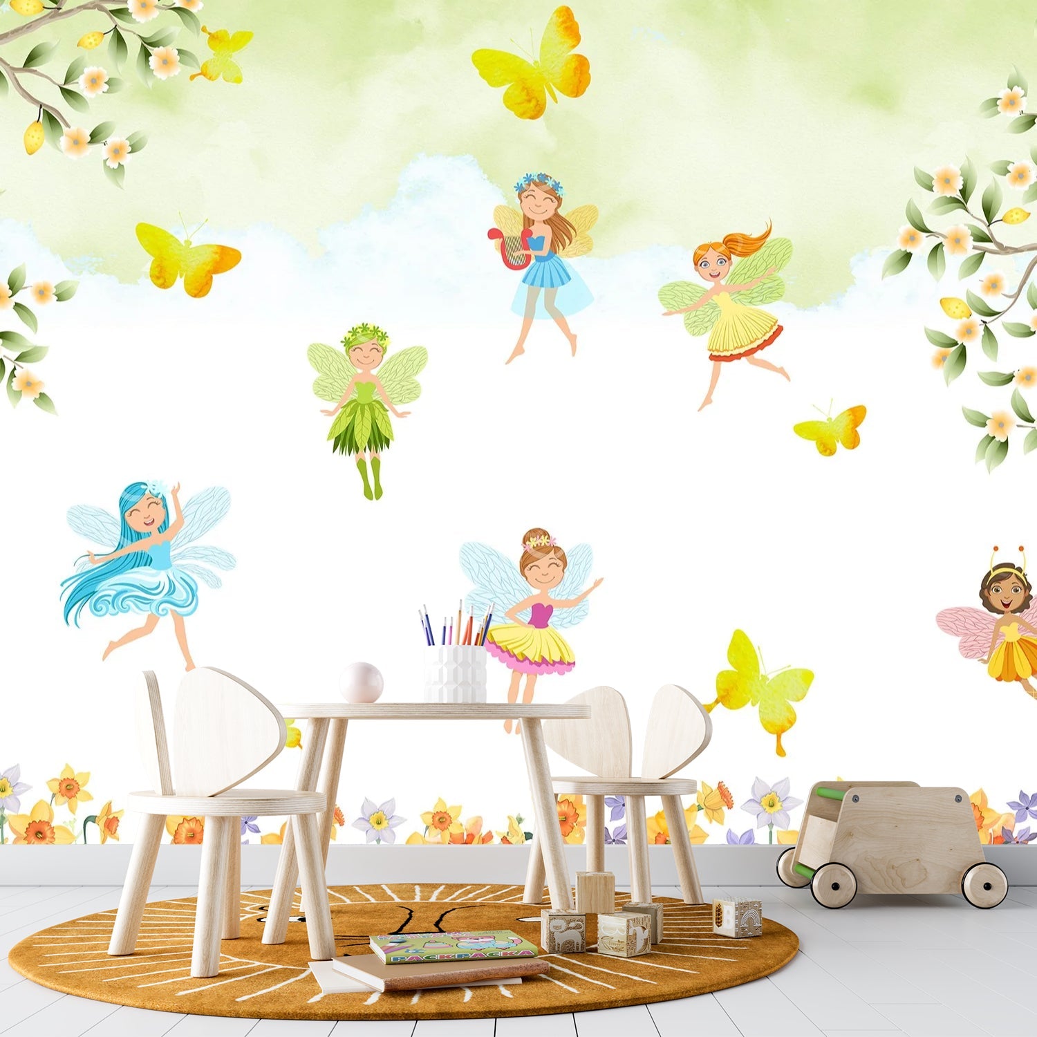 Whimsical fairy characters dancing among yellow butterflies and floral elements on light background - view 18 - final