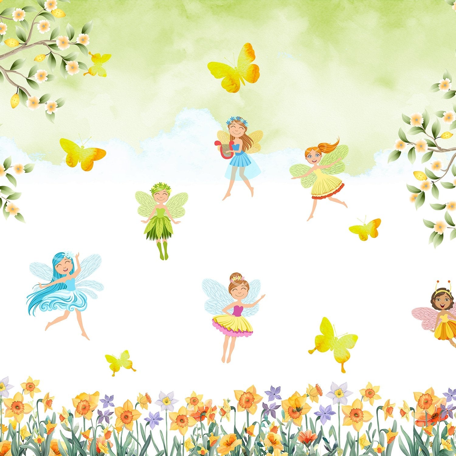Whimsical fairy characters dancing among yellow butterflies and floral elements on light background - view 19 - final