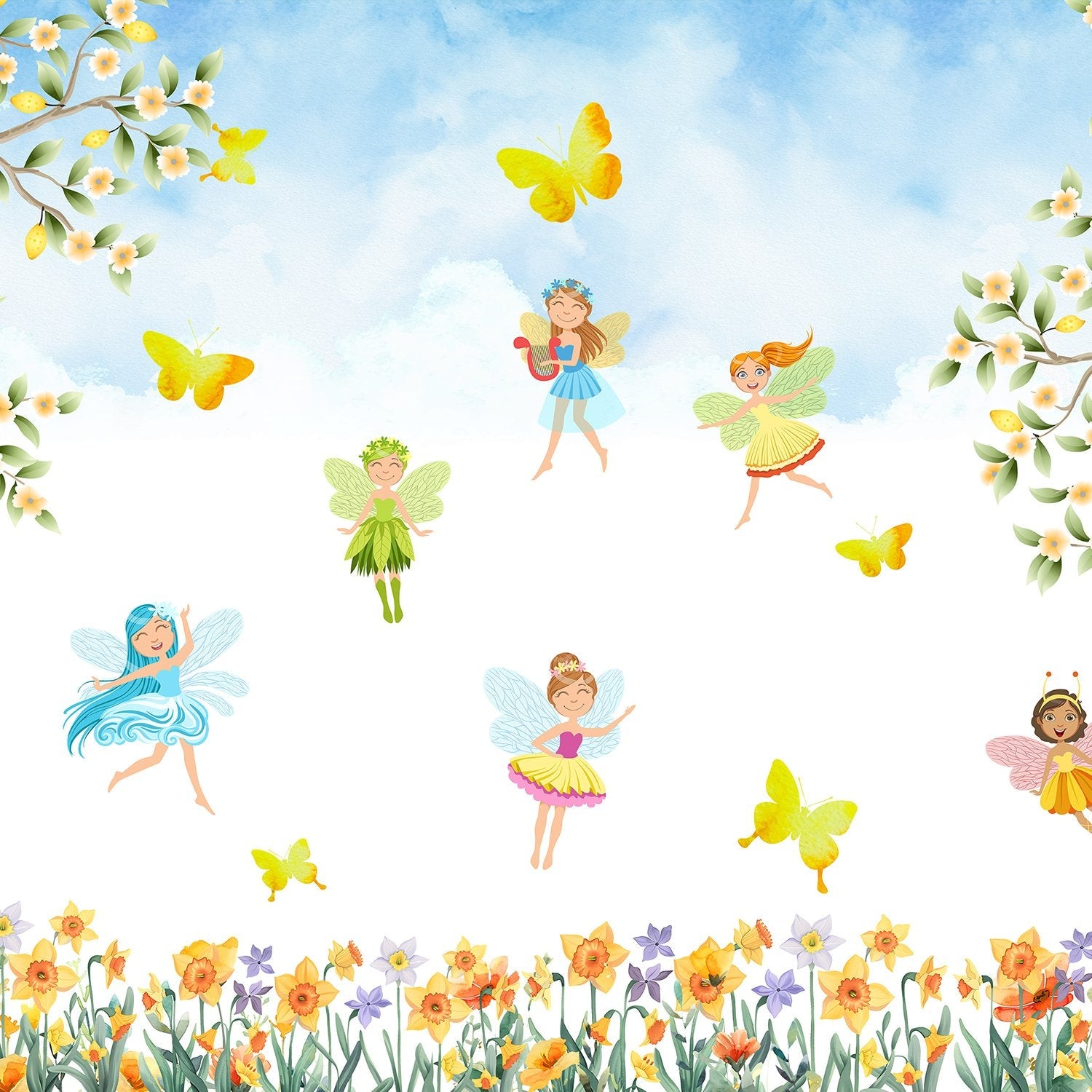 Whimsical fairy characters dancing among yellow butterflies and floral elements on light background - view 2 - final