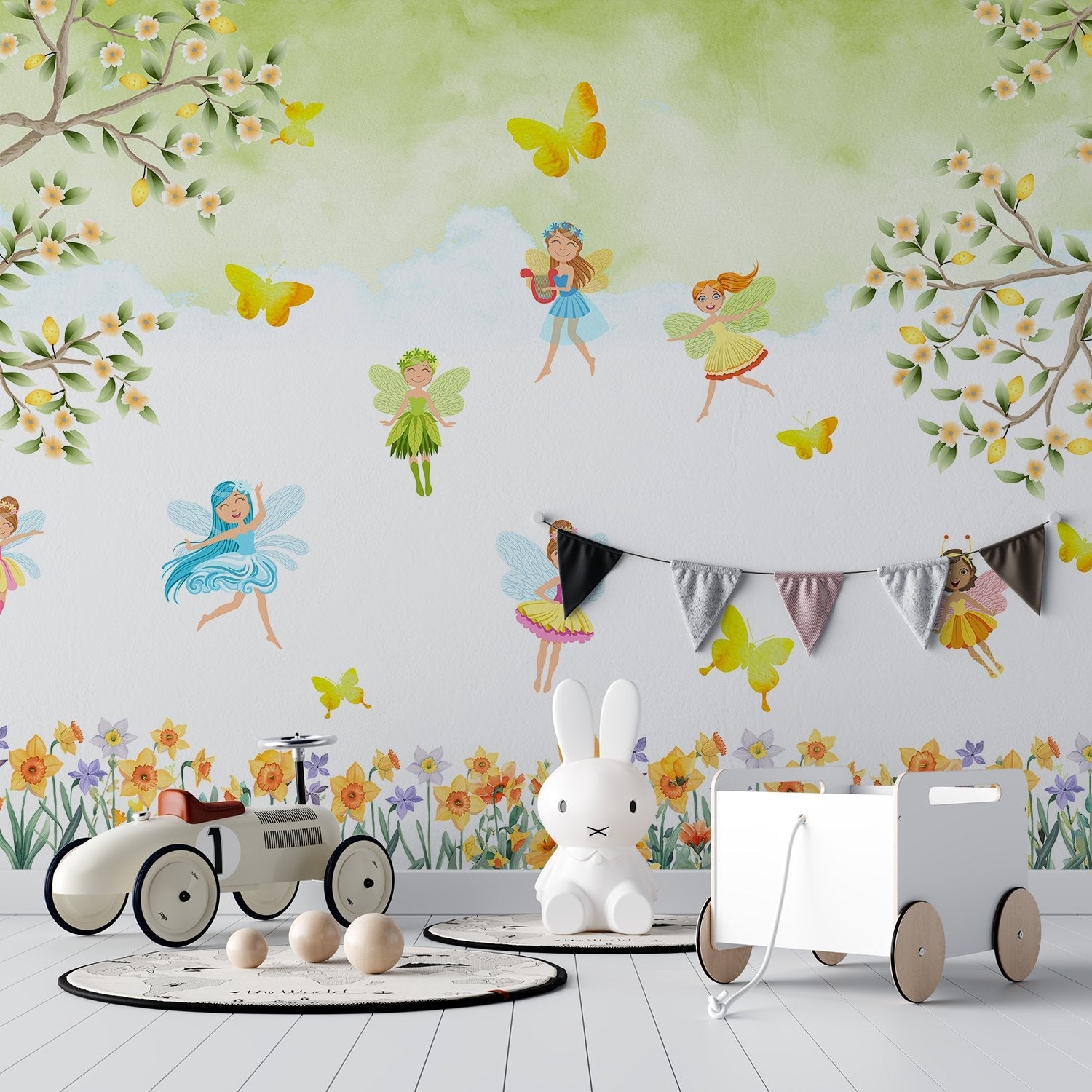 Whimsical fairy characters dancing among yellow butterflies and floral elements on light background - view 20 - final