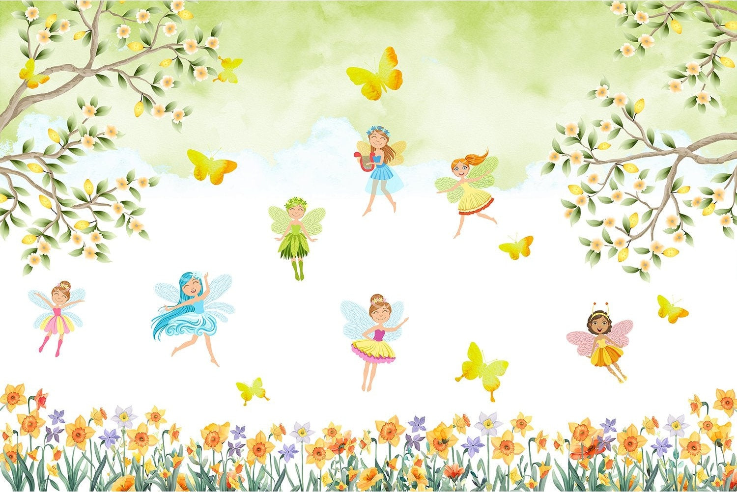 "Whimsical fairy garden scene in lea - kids wallpaper mural-inequal final"