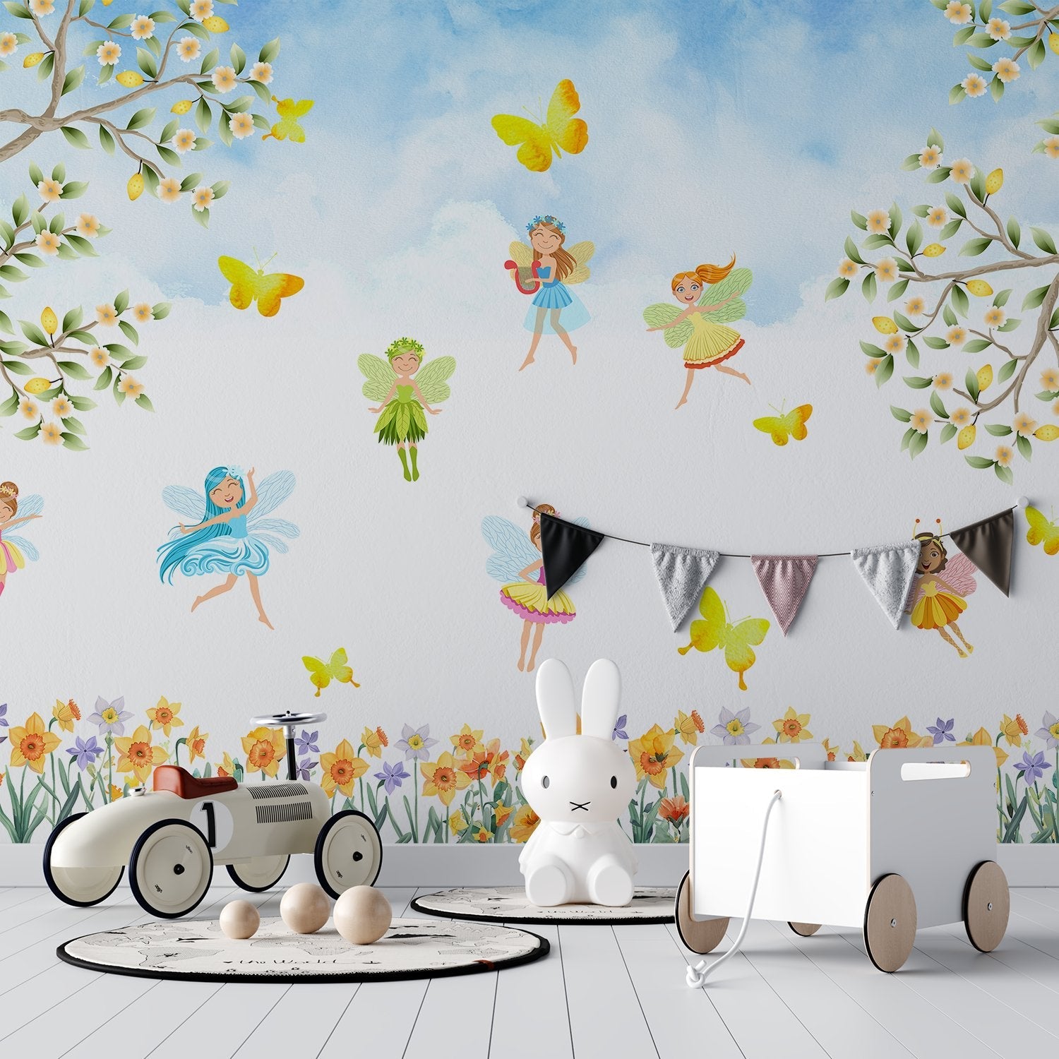Whimsical fairy characters dancing among yellow butterflies and floral elements on light background - view 3 - final