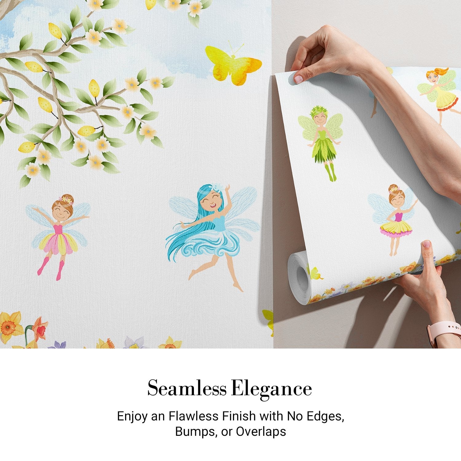 Whimsical fairy characters dancing among yellow butterflies and floral elements on light background - view 4 - final