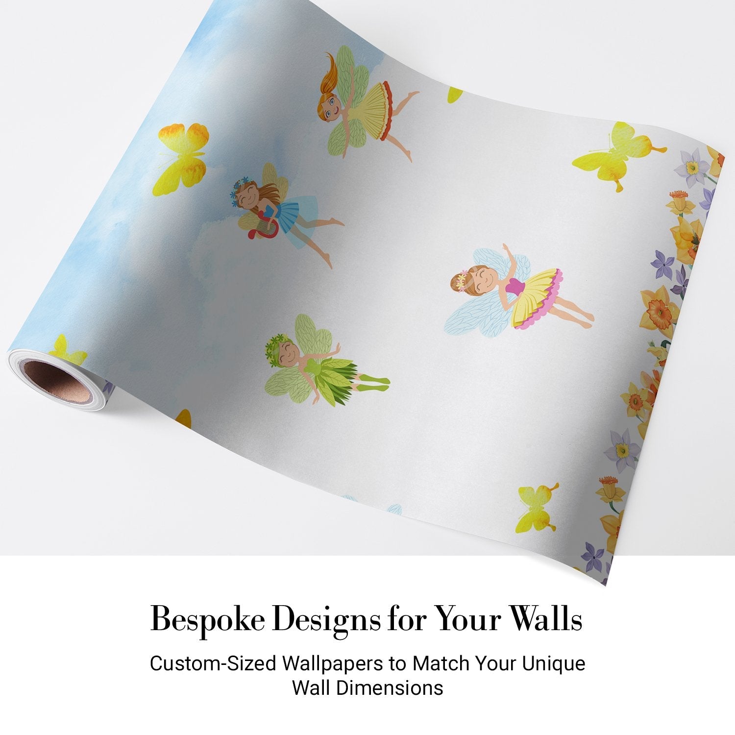 Whimsical fairy characters dancing among yellow butterflies and floral elements on light background - view 5 - final