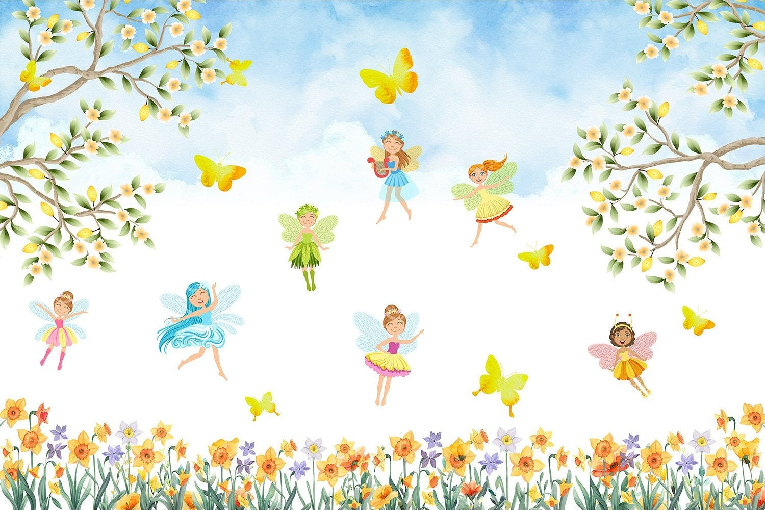 "Whimsical fairy garden scene in lea - kids wallpaper mural-inequal final"
