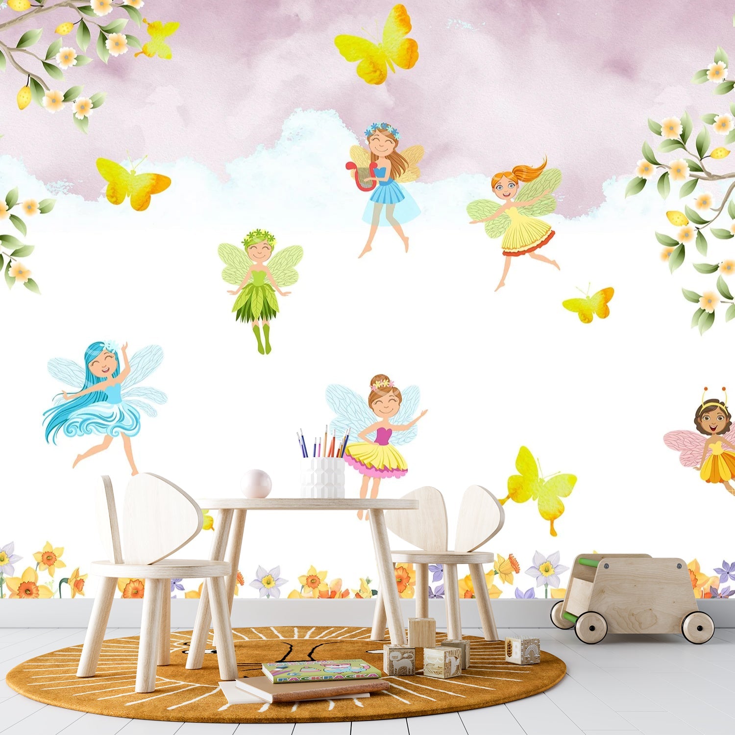 Whimsical fairy characters dancing among yellow butterflies and floral elements on light background - view 8 - final