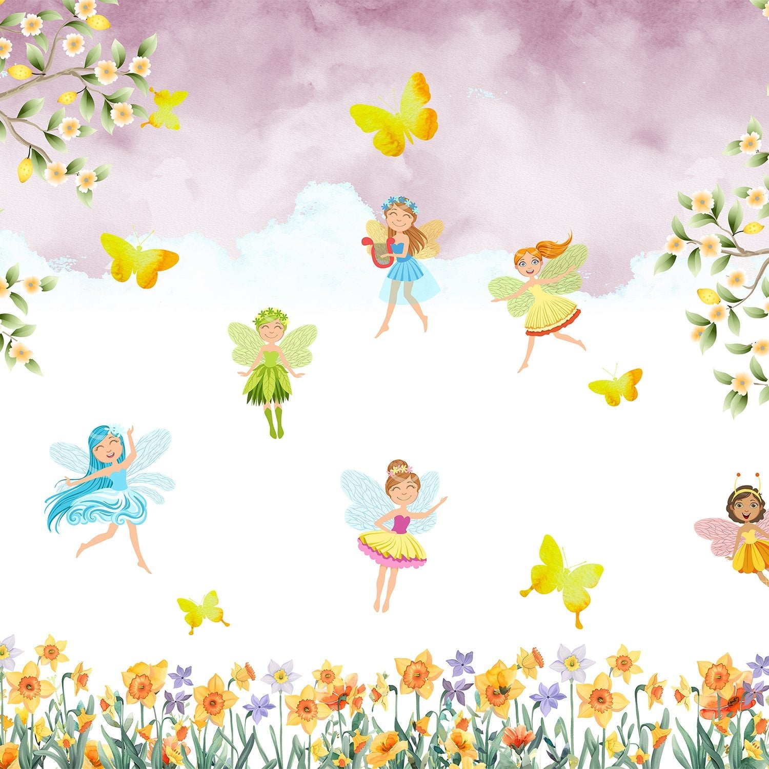 Whimsical fairy characters dancing among yellow butterflies and floral elements on light background - view 9 - final