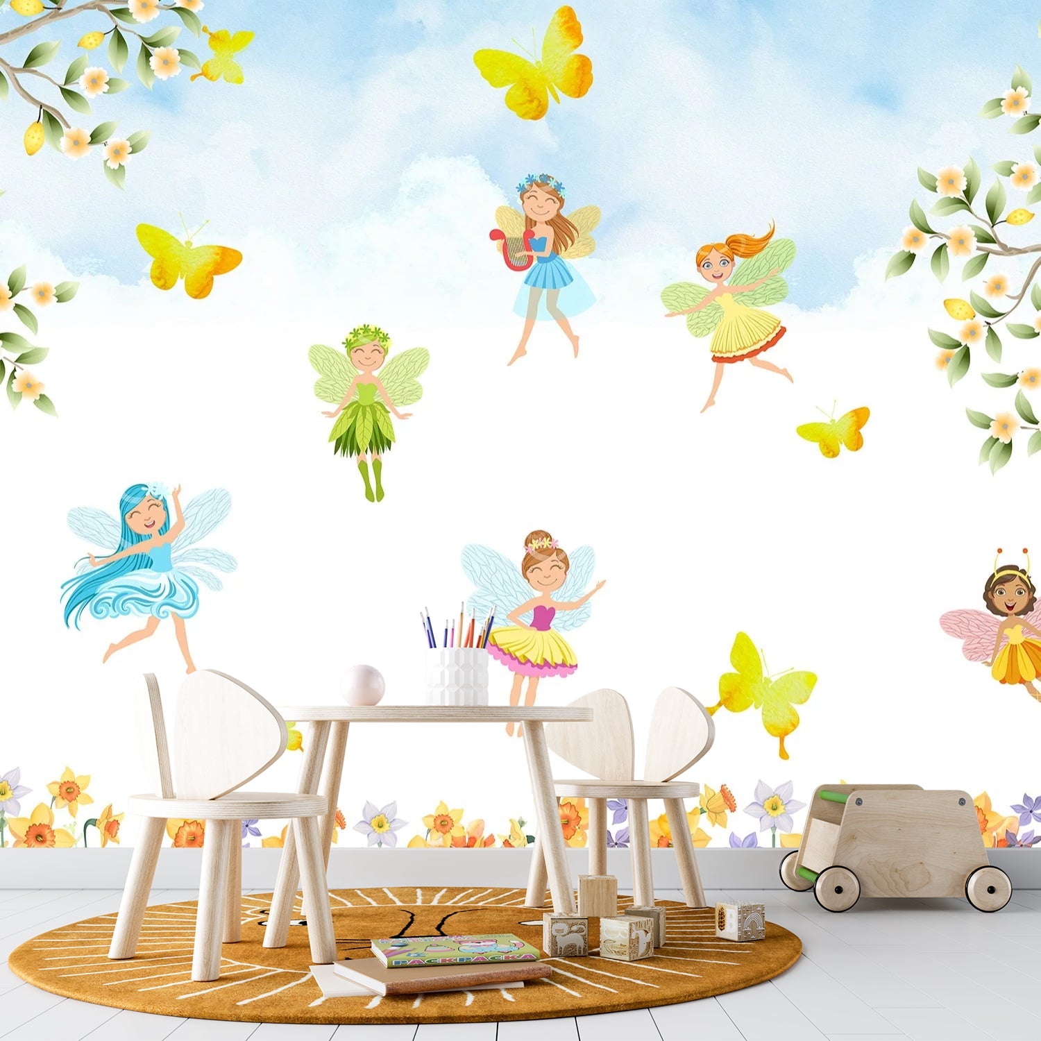 Whimsical fairy characters dancing among yellow butterflies and floral elements on light background - final kids-room