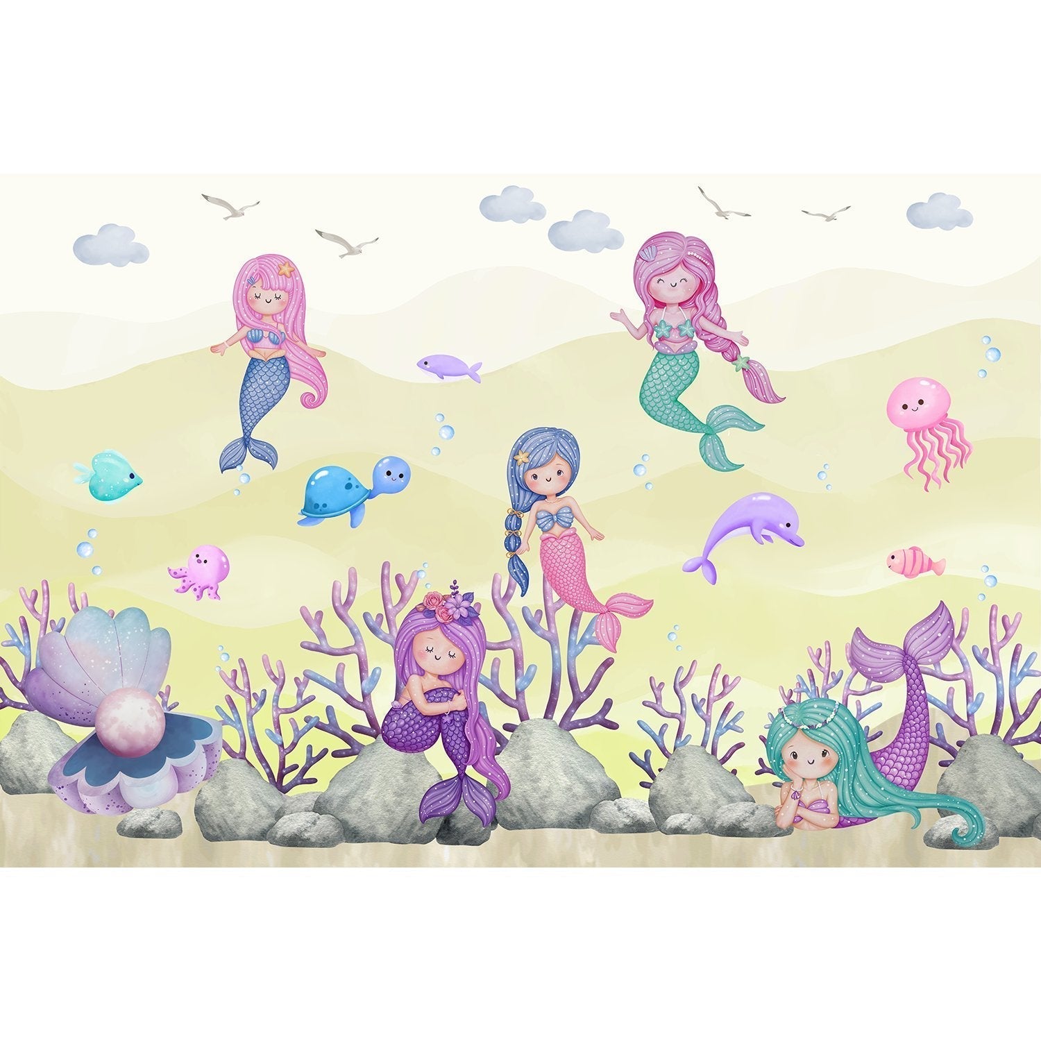 "Playful mermaid ocean scene in lea - kids wallpaper mural-equal final"