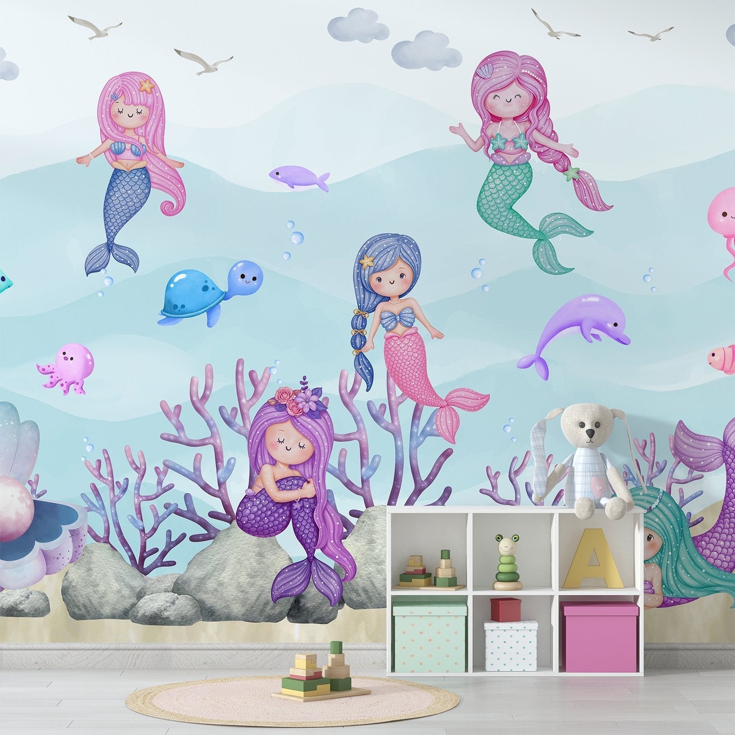 Whimsical mermaids swimming with sea creatures in pastel purple underwater coral landscape - view 11 - final