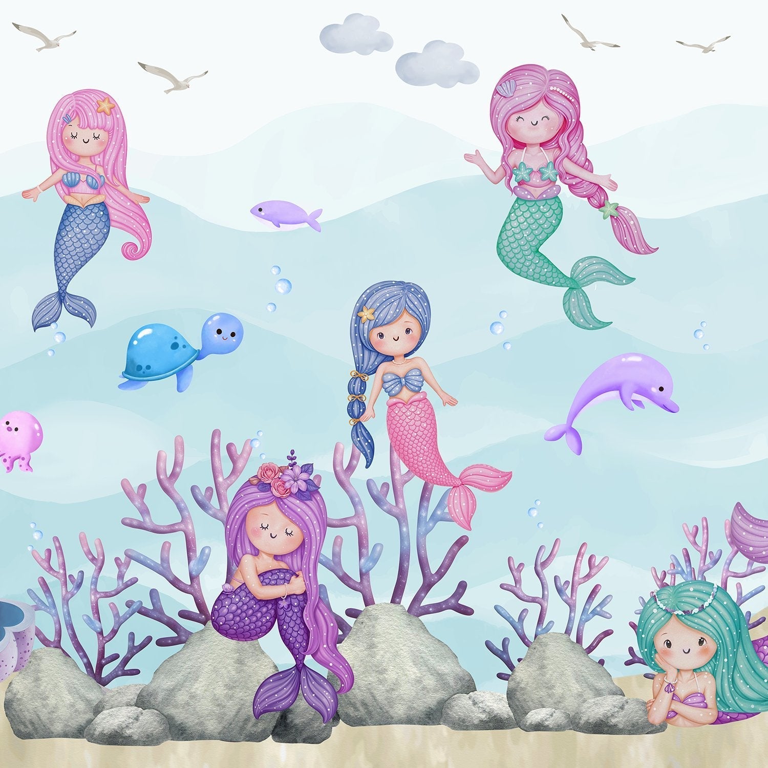 Whimsical mermaids swimming with sea creatures in pastel purple underwater coral landscape - view 12 - final