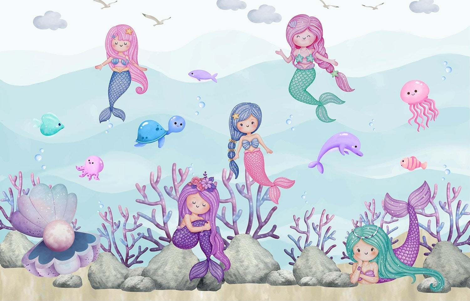 "Playful mermaid ocean scene in lea - kids wallpaper mural-inequal final"