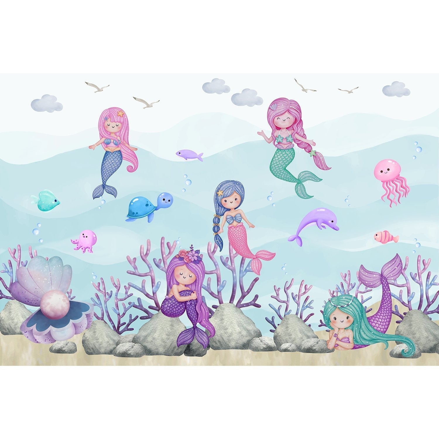 "Playful mermaid ocean scene in lea - kids wallpaper mural-equal final"
