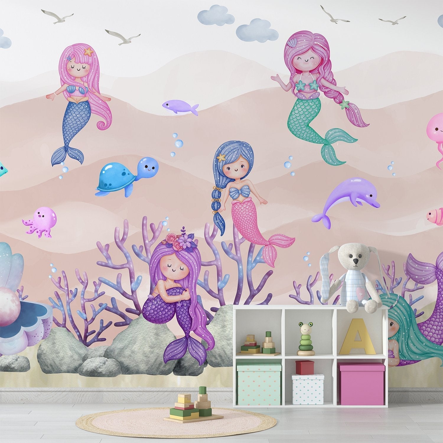 Whimsical mermaids swimming with sea creatures in pastel purple underwater coral landscape - view 15 - final
