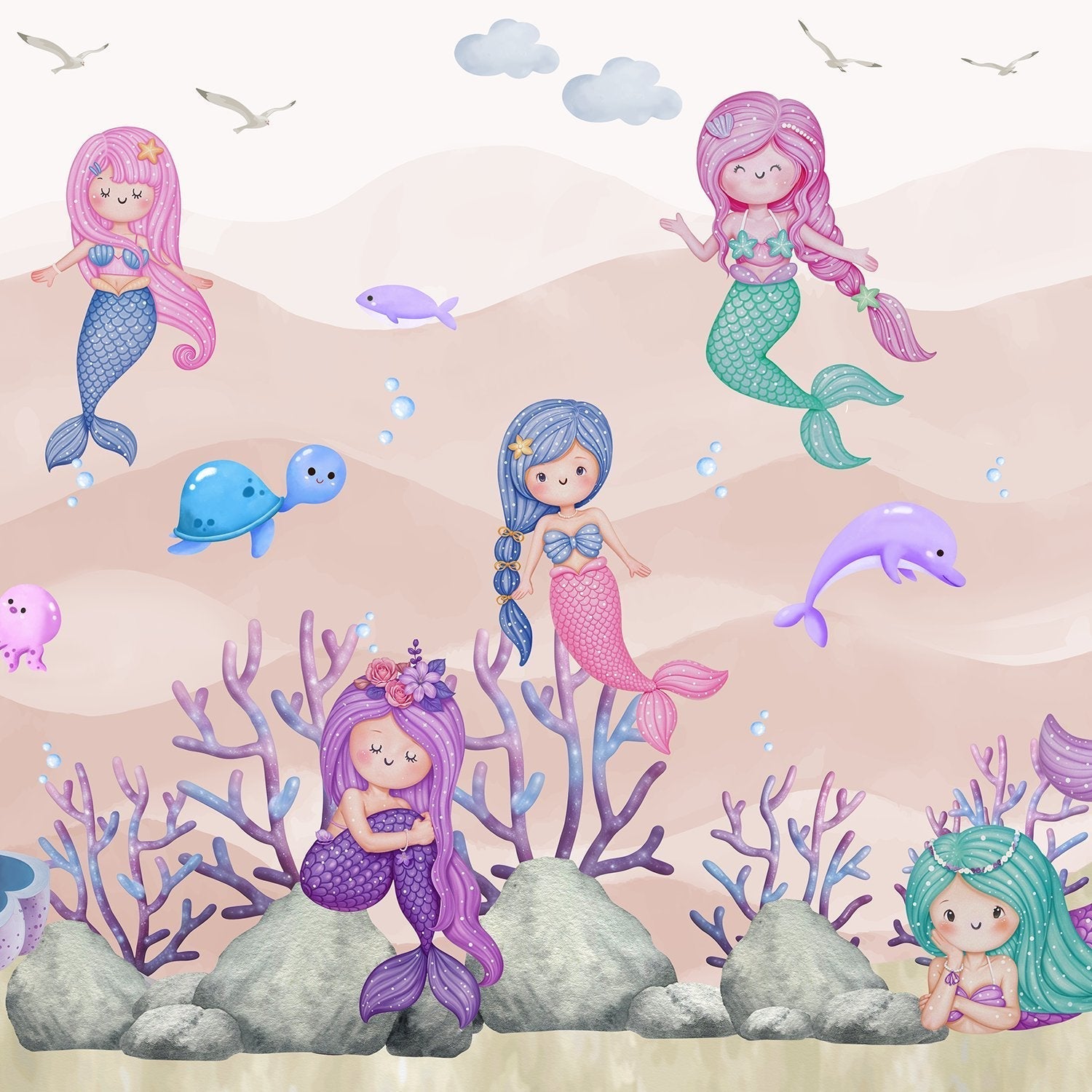 Whimsical mermaids swimming with sea creatures in pastel purple underwater coral landscape - view 16 - final