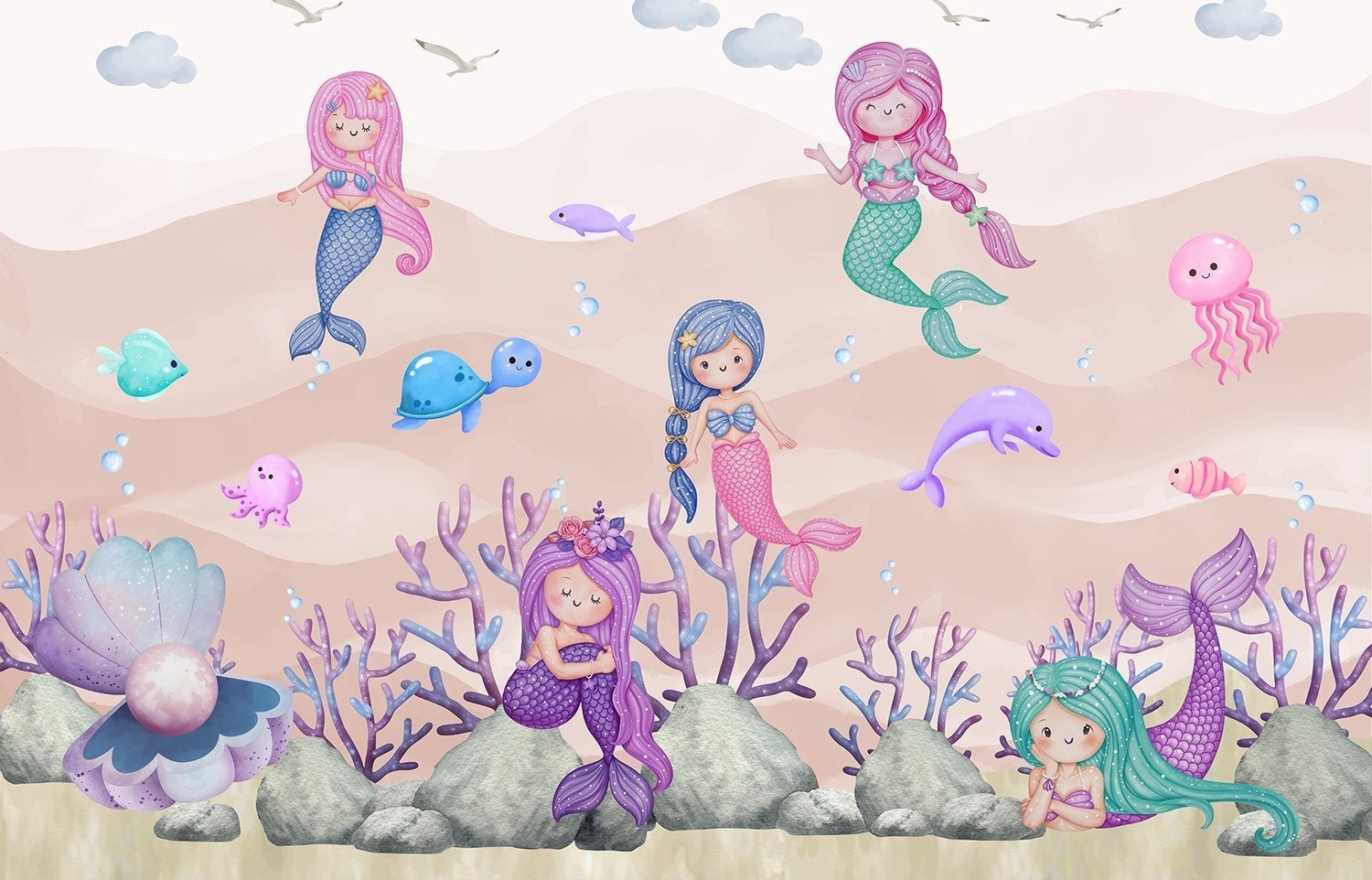 "Playful mermaid ocean scene in lea - kids wallpaper mural-inequal final"