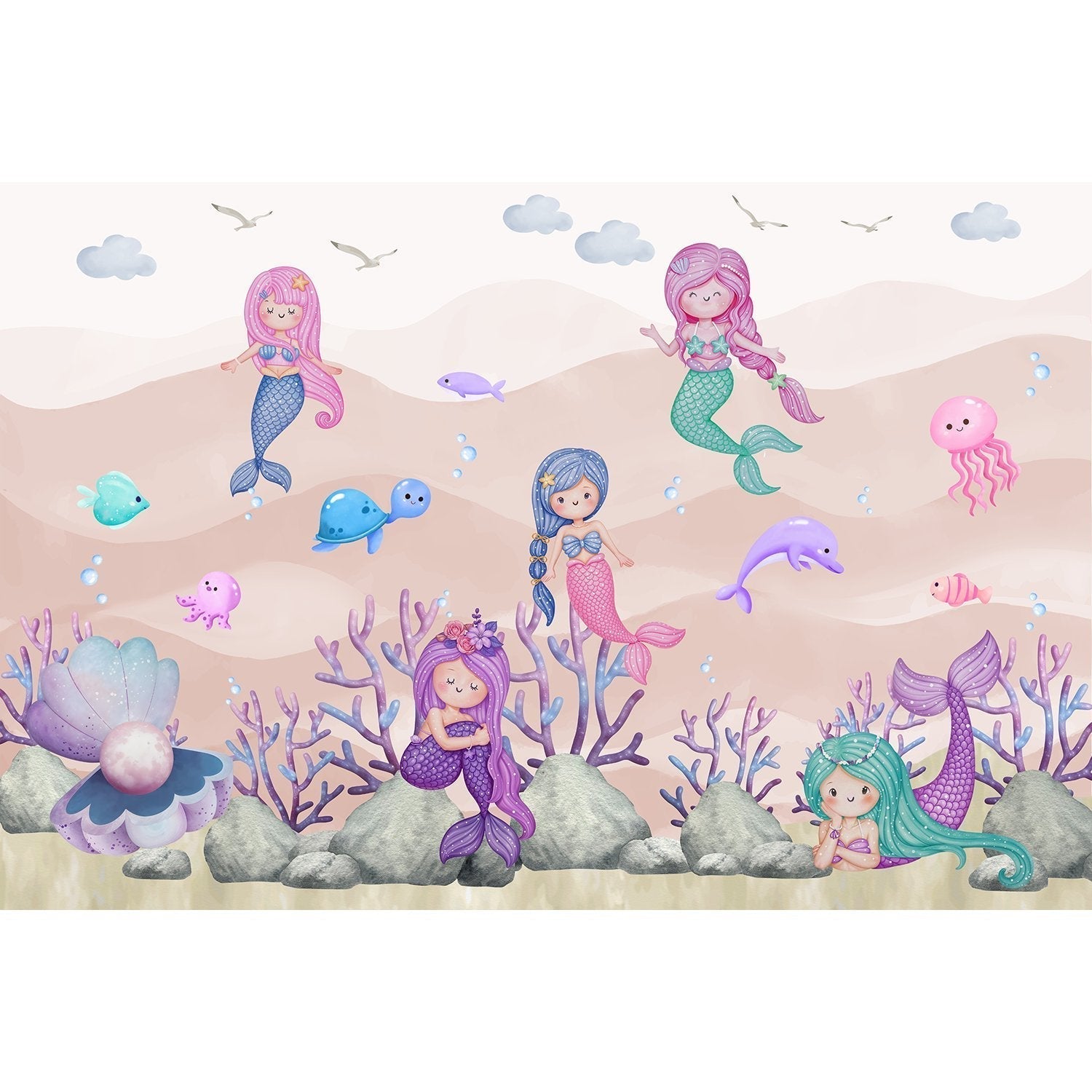 "Playful mermaid ocean scene in lea - kids wallpaper mural-equal final"