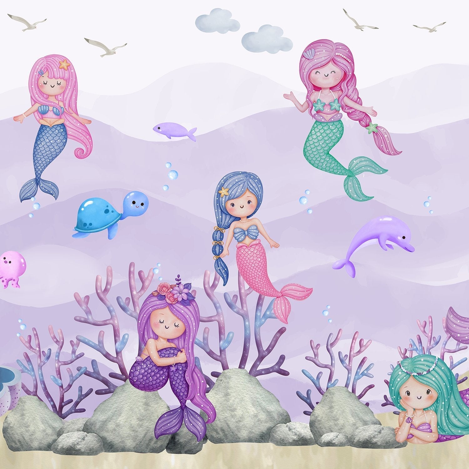 Whimsical mermaids swimming with sea creatures in pastel purple underwater coral landscape - view 2 - final