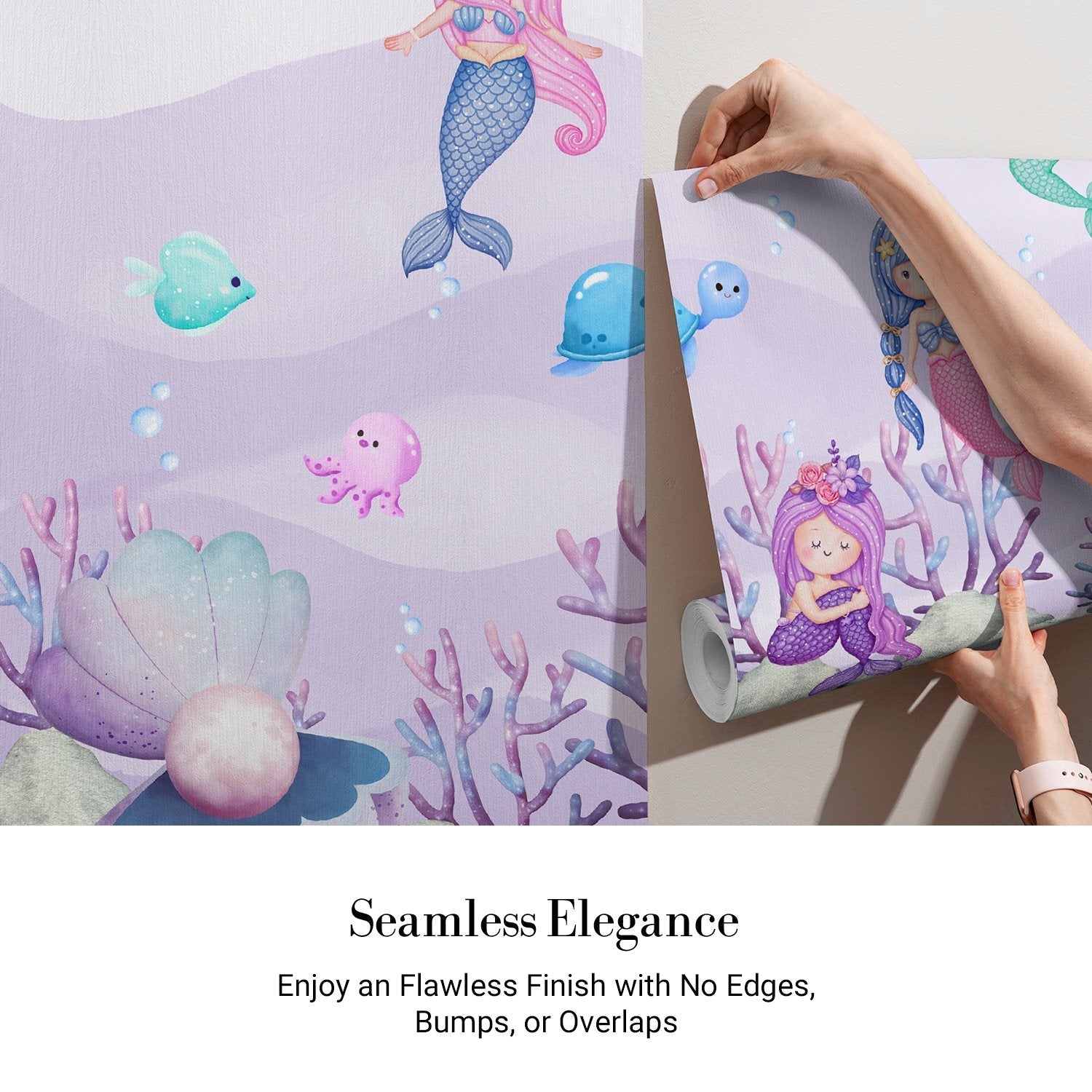 Whimsical mermaids swimming with sea creatures in pastel purple underwater coral landscape - view 3 - final
