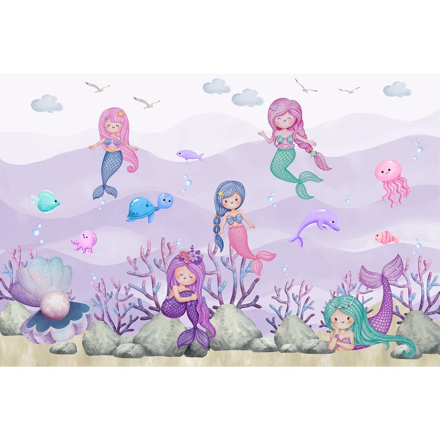 "Playful mermaid ocean scene in lea - kids wallpaper mural-equal final"