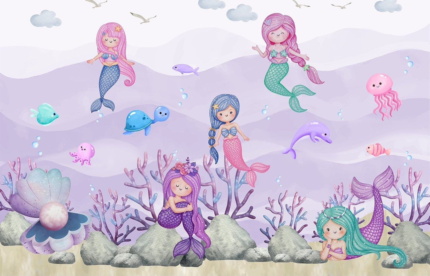 "Playful mermaid ocean scene in lea - kids wallpaper mural-inequal final"