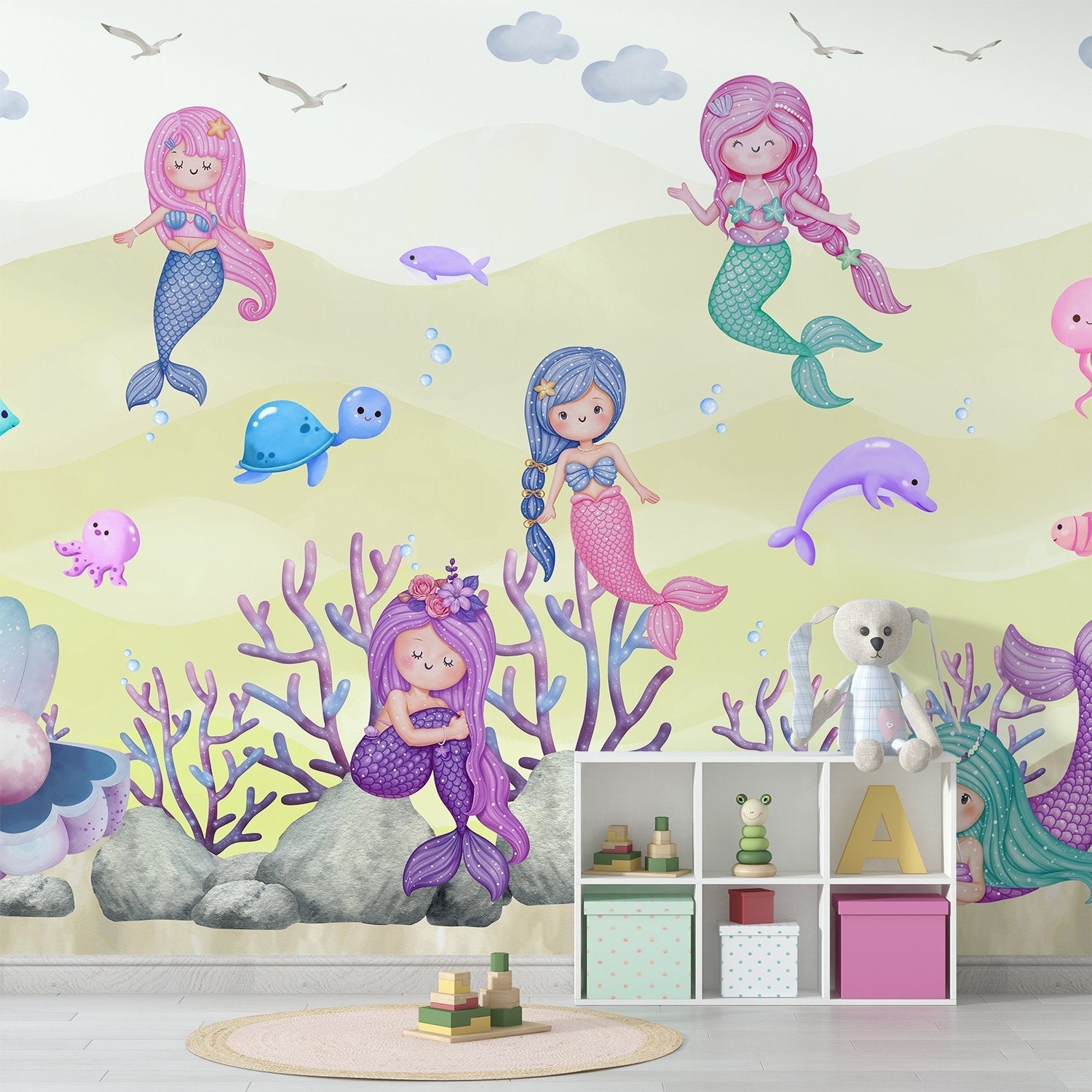 Whimsical mermaids swimming with sea creatures in pastel purple underwater coral landscape - view 7 - final