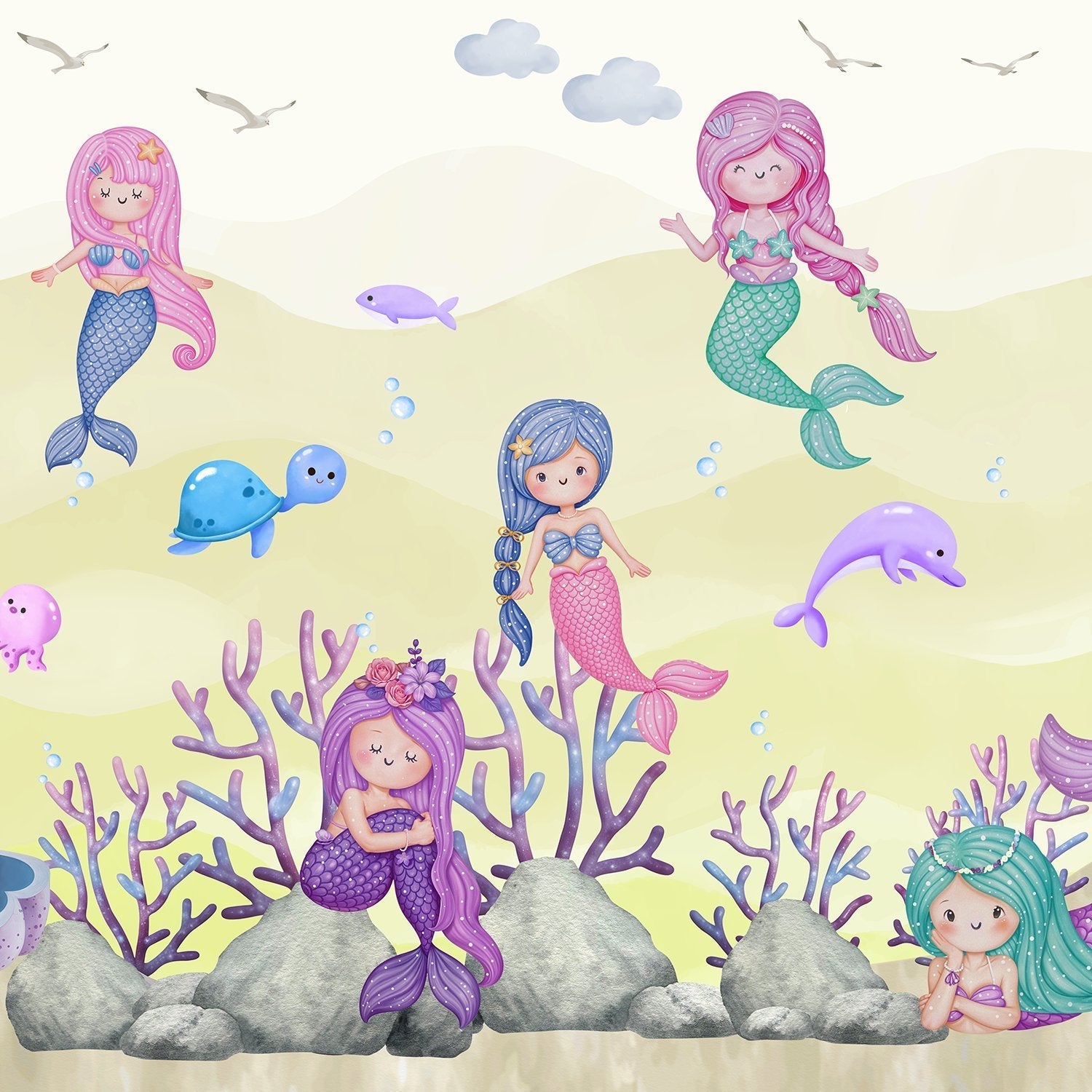 Whimsical mermaids swimming with sea creatures in pastel purple underwater coral landscape - view 8 - final