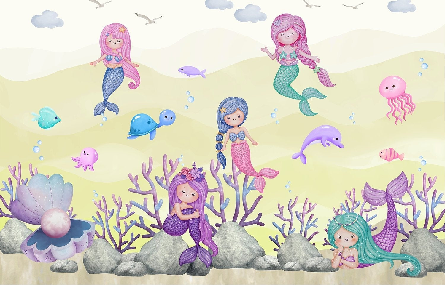 "Playful mermaid ocean scene in lea - kids wallpaper mural-inequal final"