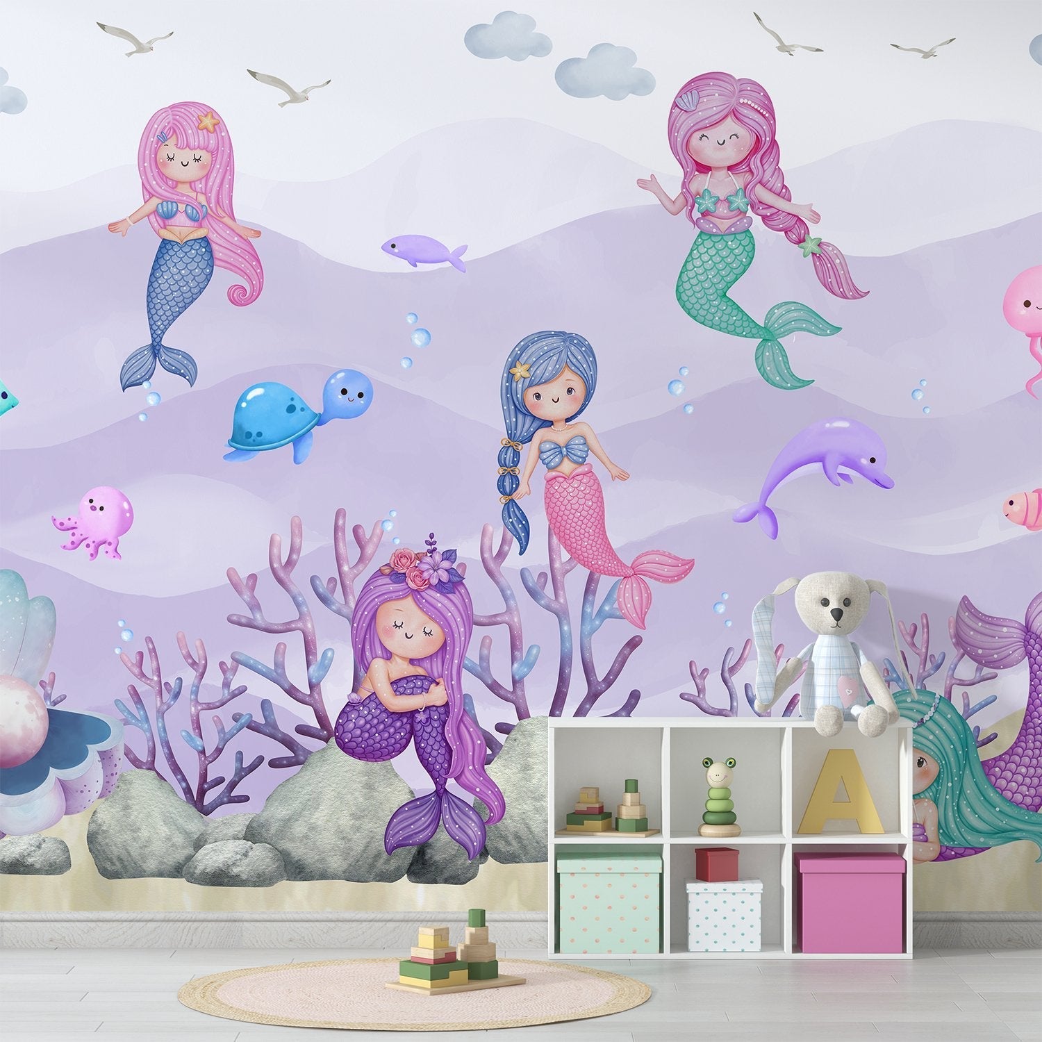 Whimsical mermaids swimming with sea creatures in pastel purple underwater coral landscape - final kids-room